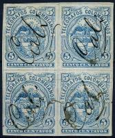 Kolumbia távirda bélyeg négyestömb kézírásos érvénytelenítéssel