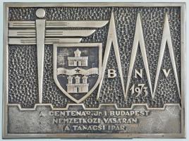 1973. BNV 1973 - Centenáriumi Budapest Nemzetközi Vásárán a Tanácsi Ipar ezüstözött fém plakett, hátoldalán támasztékkal, eredeti dísztokban (148,5x197mm) T:1-,2