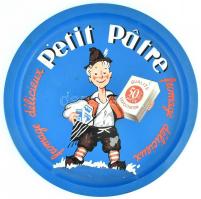 cca.1980 PETIT PASTER Delicious Cheese, sajtreklámos, fémlemez tálca, reklámfigurával illusztrálva, kopott d: 32,7cm.