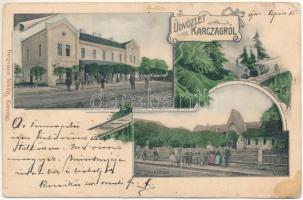 1903 Karcag, vasútállomás, gőzfürdő. Bergmann Mihály kiadása, Art Nouveau (EB)
