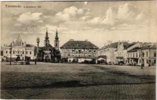 1911 Temesvár, Timisoara; Losonczy tér, piac, Szerb templom, Szentháromság szobor, üzletek / square, market, church, Trinity statue (EK)