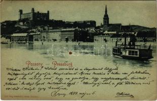 1899 (Vorläufer) Pozsony, Pressburg, Bratislava; látkép, vár, gőzhajó / general view, castle, steamship (kis szakadás / small tear)