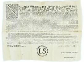 1763, 1777 Mária Terézia rendeletének latin nyelvű hirdetménye, hajtva, 2 db