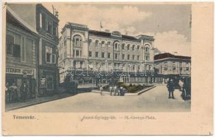 Temesvár, Timisoara; Szent György tér, takarékpénztár, Leitenbor József üzlete / square, shops, savings bank