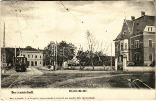 1906 Nagyszeben, Hermannstadt, Sibiu; Vasúti tér, vasútállomás, villamos / Bahnhofsplatz / railway station, square, tram. G.A. Seraphin (EK)
