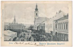 1904 Máramarossziget, Sighetu Marmatiei; Fő tér, templom, piac. Wizner és Dávid kiadása / main square, market, church (szakadás / tear)