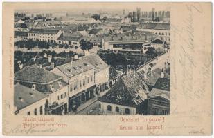 1901 Lugos, Lugoj; látkép, Grünberger Ede üzlete. Auspitz Adolf kiadása / general view, shops (Rb)
