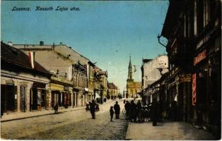 1914 Losonc, Lucenec; Kossuth Lajos utca, magyar zászlók, Kohn Márkusz üzlete / street, Hungarian flags, shops (Rb)