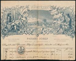 1885 Pataki Jósef Cs. és Kir. Udvari Műintézet és Papírszállító fejléces számlája 5 kr okmánybélyeggel, hiányos