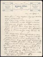 1914 Sümeg, Korein Samu Liszt-, Gabona-, Fűszer- és Vegyeskereskedésének fejléces levélpapírjára írt személyes hangvételű levél hozomány ügyében