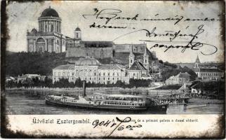 1904 Esztergom, a vártemplom és a prímási palota a dunai oldalról, hajóállomás, BUDAPEST gőzhajó. Gregor Fischer (Innsbruck) 1214. (fl)
