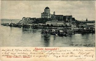 1901 Esztergom, a vártemplom és a prímási palota a dunai oldalról, hajóállomás. Wallfisch S. kiadása (EK)