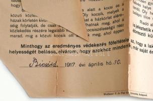 1917 Hirdetmény ellenséges repülőtámadások elleni óvrendszabályokra vonatkozólag helyi jellegzeteség...