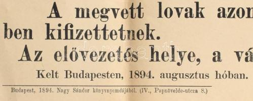1896 Katonai lóvásár nagyméretű plakátja 49x58 cm. hajtogatva, korabeli ragasztással 45x65 cm
