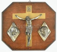Antik korpusz, Mária, Jézus, fém, fára applikálva, kopott, 21x24cm