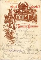1909 Bucharest, Bukarest, Bucuresti, Bucuresci; Gruss Heil! Deutschen Turnergruss aus dem Bukarester Turnverein / German gymnastic club. Art Nouveau (Rb)