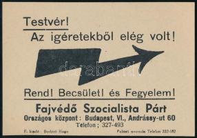 1937 Testvér! Az ígéretekből elég volt! A Fajvédő Szocialista Párt röplapja, 10x8 cm