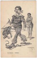 Im Auslande / All Estero / K.u.K. Kriegsmarine Matrose. Africa, Austro-Hungarian Navy mariner humour art postcard. G. Fano 2104. 1910-11. s: Ed. Dworak