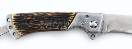 Li Xing összecsukható vadászkés, szaru nyéllel, bőr akasztóval és tokkal, h: 27 cm