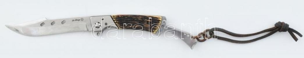 Li Xing összecsukható vadászkés, szaru nyéllel, bőr akasztóval és tokkal, h: 27 cm