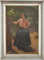 Hencz János (1883-?): Kapuban álló menyecske, 1921. Olaj, fa. Kissé kopott fa keretben. 24x16 cm