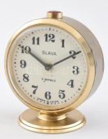 Vintage Slava márkájú ébresztőóra, mechanikus szerkezet, fém ház, analóg kijelzős. Működik, m:8cm