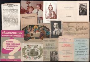 Vegyes papírrégiség tétel, díszes elsőáldozási emlék, naptár, igazolványok, névjegyek, címkék, nyoma...