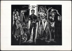 Menyhárt József (1901-1976): Festőállvány előtt. Fametszet, papír, jelzett a metszeten, 19×24 cm