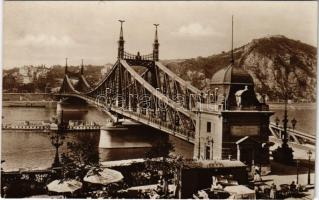 Budapest, Ferenc József híd a Gellértheggyel, piac, FECSKE gőzüzemű ingahajó