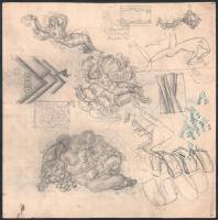 Muhits Sándor (1882-1956): Akt és más tanulmányrajzok. Ceruza, papír, jelzés nélkül, kissé sérült, 28,5×28,5 cm