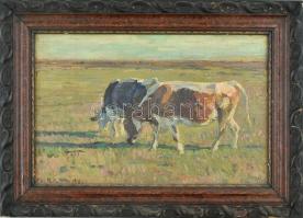 Juszkó Béla (1877-1969): Tehenek. Olaj, karton, jelzett. Dekoratív, sérült keretben. 28x42 cm