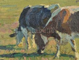 Juszkó Béla (1877-1969): Tehenek. Olaj, karton, jelzett. Dekoratív, sérült keretben. 28x42 cm