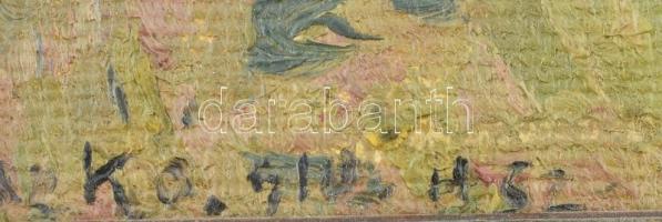 Juszkó Béla (1877-1969): Tehenek. Olaj, karton, jelzett. Dekoratív, sérült keretben. 28x42 cm