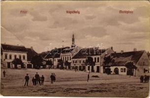 1908 Vágújhely, Waag-Neustadt, Nové Mesto nad Váhom; Fő tér, üzletek. Brück Gyula felvétele és kiadása / Marktplatz / main square, shops (fa)