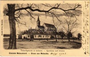 1902 Malacka, Malacky; Takarékpénztár és kolostor. Wiesner Alfred kiadása / Sparkassa und Kloster / savings bank, monastery (kis szakadás / small tear)