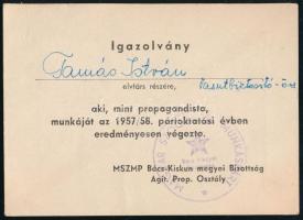 1958 MSZMP propagandista igazolvány