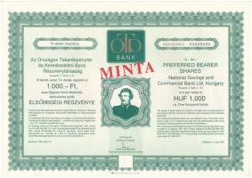 Budapest 1992. Országos Takarékpénztár és Kereskedelmi Bank Részvénytársaság MINTA részvénye 1000Ft-ról, szelvényekkel T:I
