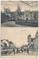 1910 Galánta, Gróf Esterházy Béla kastélya, Fő utca / castle, main street + WIEN - POZSONY - BUDAPEST 46 A vasúti mozgóposta bélyegző (ázott sarkak / wet corners)