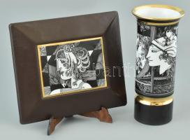 Hollóházi Szász Endre által tervezett mintával díszített porcelán váza és fali kép, jelzett, matricás, kopással, m: 20 cm, 9x12cm