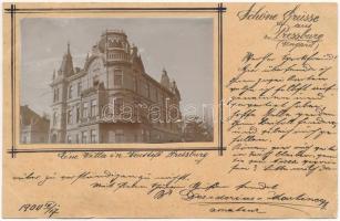 1900 Pozsony, Pressburg, Bratislava; Eine Villa in Neustift / Újtelep, villa / villa. photo glued on postcard (EK)