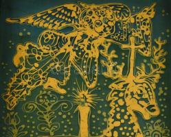 Sinkó Veronika (1945- ): Triptichon. Festett selyem, kinyitható dobozban. 53x80cm