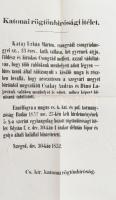1852 Csongrádi rablót rejtegető katonai rögtönbírósági ítéletének hirdetménye 24x39 cm