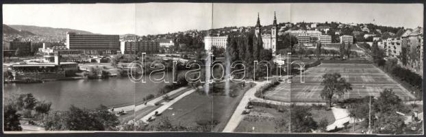 cca 1975 A Budapest, XI. kerületi Feneketlen-tó és környéke teniszpályákkal, panorámafotó 3 db-ból összeragasztva, középen hajtva, publikált, hátoldalán merevítőpapírral, 12×37 cm