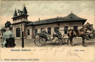 1910 Siófok, pályaudvar, vasútállomás, lovashintó. Salamon Adolf kiadása