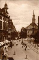 1930 Budapest V. Kossuth Lajos utca, busz, villamosok, Szénásy papír és Steyr üzlete