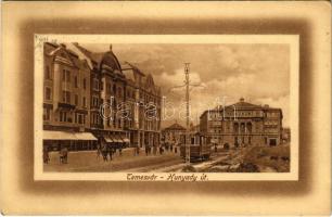 Temesvár, Timisoara; Hunyady út, villamos, üzletek / street, tram, shops