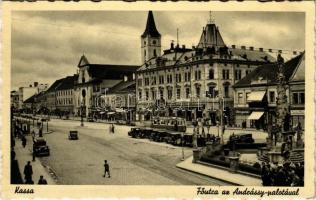 1939 Kassa, Kosice; Fő utca, Andrássy palota, autók, villamos, szobor, drogéria / main street, palace, shops, automobiles, statue, drugstore