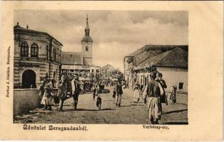1903 Beregszász, Berehove, Berehovo; Verbőczy tér, piac, Meisels Áron üzlete, zsinagóga / square, market, shop, synagogue