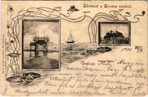 1900 Keszthely, Szigetfürdő, Szigetfürdő vízáradásnál. Üdvözlet a Balaton taváról. Mérei Ignác kiadása. Art Nouveau (EK)