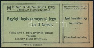 cca 1905 Egy koronás egyleti kedvezményes jegy az MTK Sportpálya Rt. sporteseményére ellenőrző szelvénnyel, szélén kissé megbarnulva, de szép állapotban